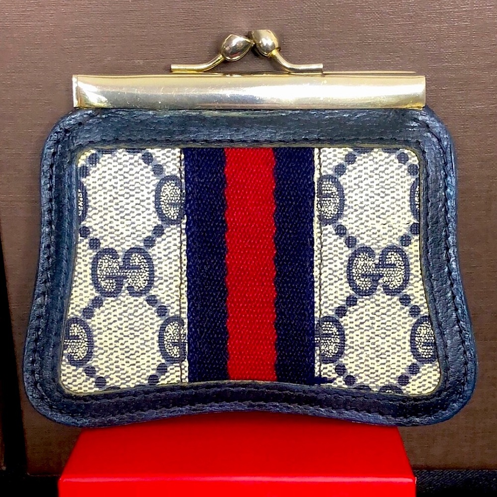 GUCCI GG Supreme Ophidia Sherry Line Kiss Lock Navy Blue Coin Purse - Picture 3 of 15
